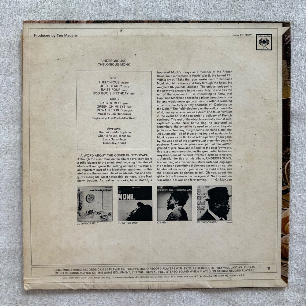 Thelonious Monk - Underground LP Vinyl Columbia CS 9632 1968 360 Sound - Picture 7 of 16